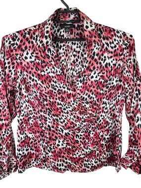 Womens Alfani Red & Black Animal Print 100% Silk Blouse Button Up Long Sleeve 14